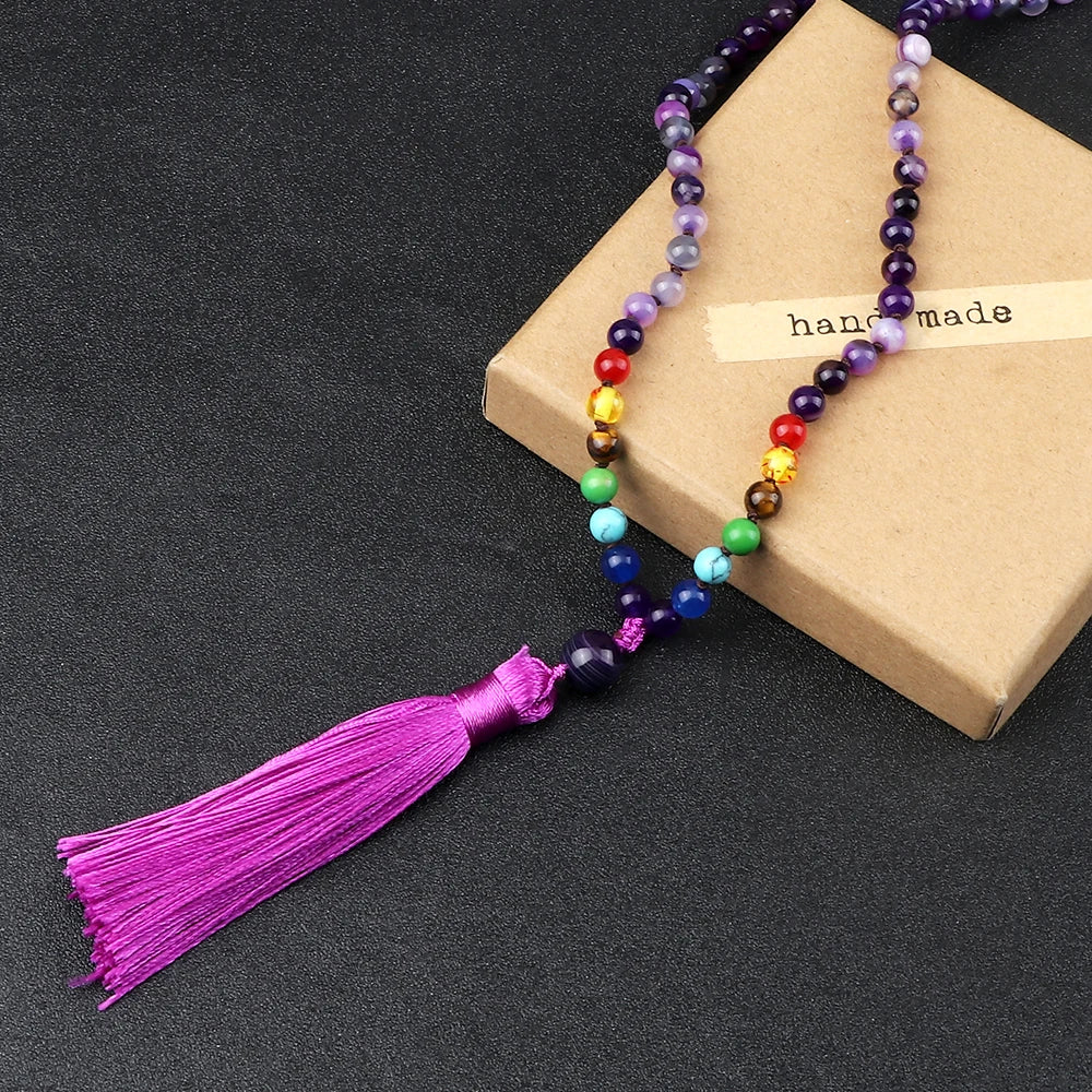 Collier Mala 108 Perles en Pierres Naturelles – Style Bohème avec Pompon et 7 Chakras