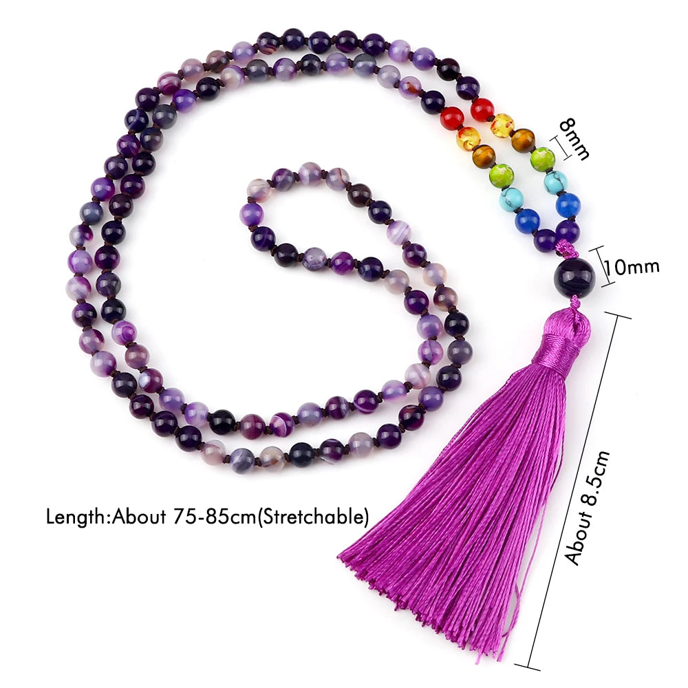 Collier Mala 108 Perles en Pierres Naturelles – Style Bohème avec Pompon et 7 Chakras