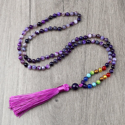 Collier Mala 108 Perles en Pierres Naturelles – Style Bohème avec Pompon et 7 Chakras