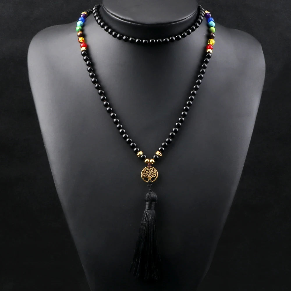 Collier Mala 108 Perles en Onyx Noir et 7 Chakras – Long Collier avec Pendentif Arbre de Vie et Pompon