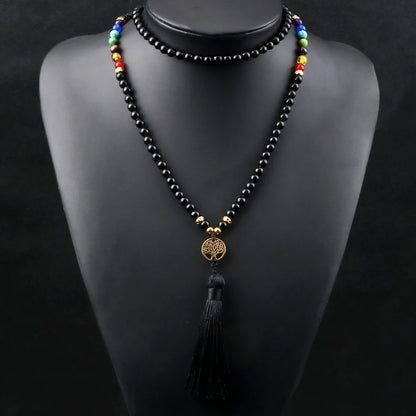 Collier Mala 108 Perles en Onyx Noir et 7 Chakras – Long Collier avec Pendentif Arbre de Vie et Pompon