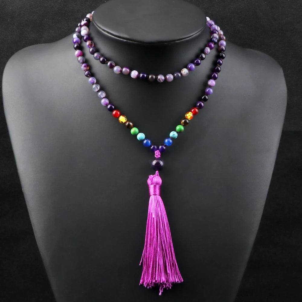 Collier Mala 108 Perles en Pierres Naturelles – Style Bohème avec Pompon et 7 Chakras