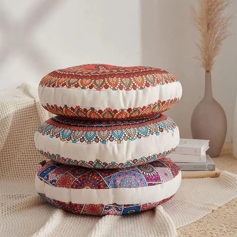 Coussin Rond en Coton et Chanvre – Style Ethnique pour Méditation et Usage Domestique