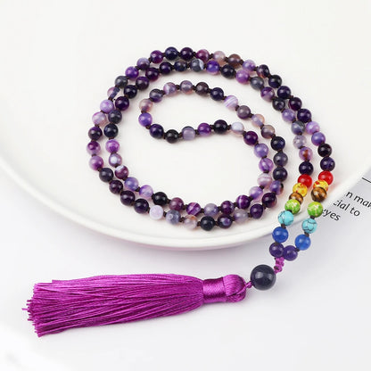 Collier Mala 108 Perles en Pierres Naturelles – Style Bohème avec Pompon et 7 Chakras