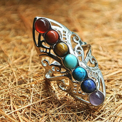 Bague Ajustable Plaquée Argent avec Pierres des 7 Chakras – Bijou Énergétique