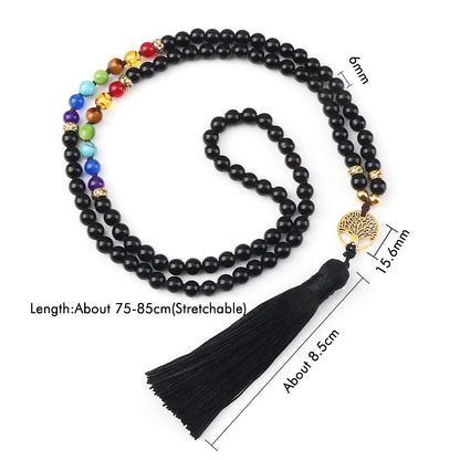 Collier Mala 108 Perles en Onyx Noir et 7 Chakras – Long Collier avec Pendentif Arbre de Vie et Pompon