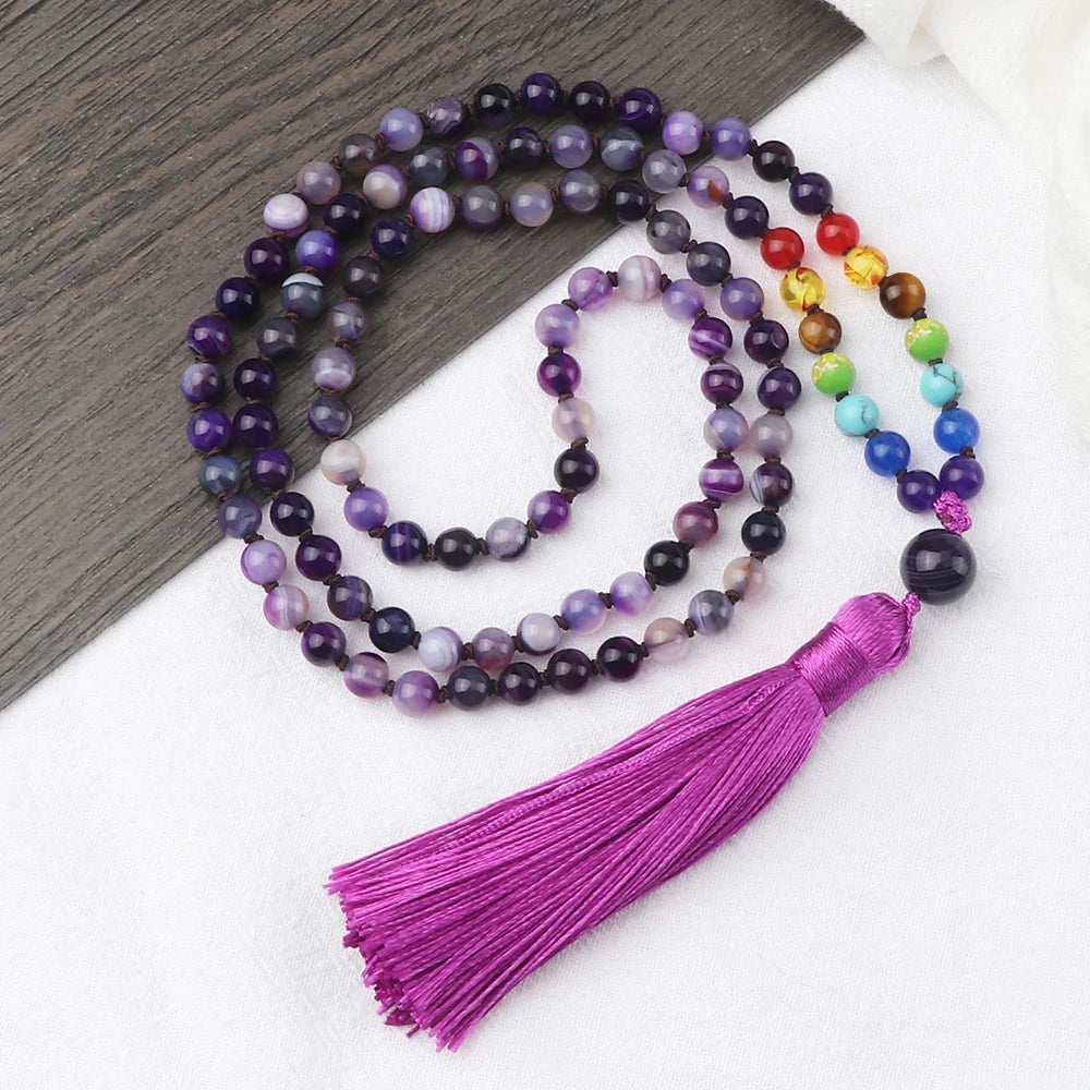 Collier Mala 108 Perles en Pierres Naturelles – Style Bohème avec Pompon et 7 Chakras