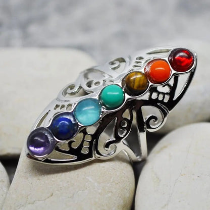 Bague Ajustable Plaquée Argent avec Pierres des 7 Chakras – Bijou Énergétique